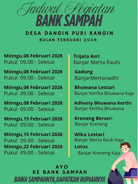 Jadwal Bank Sampah Desa Dangin Puri Kangin Bulan Februari 2026